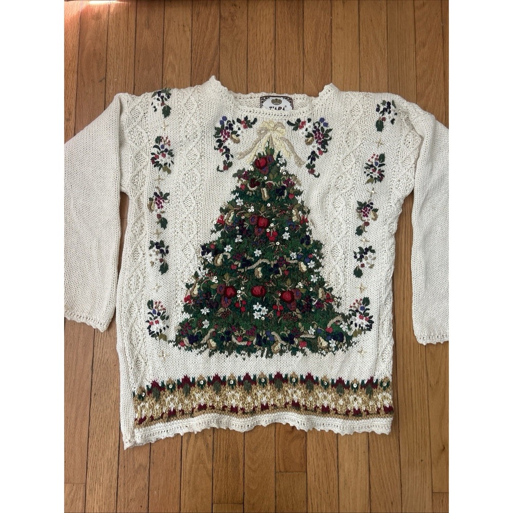 Tiara International Vintage Christmas Tree Embroidered Sweater, Cream, S, Granny